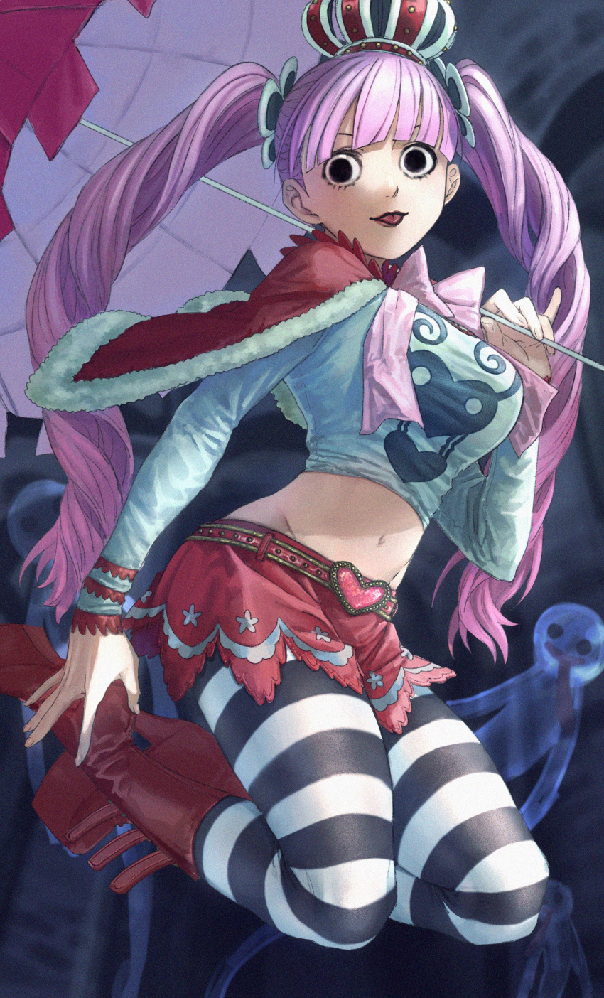 1girl absurdres bangs belt black_eyes blunt_bangs boots breasts buckle crown drill_hair flying ghost heart heart-shaped_buckle heart_belt highres holding holding_umbrella large_breasts lipstick long_hair looking_to_the_side makeup miniskirt navel one_piece pantyhose perona pink_hair red_footwear skirt smile solo striped striped_legwear striped_pantyhose twintails umbrella urasanmyaku