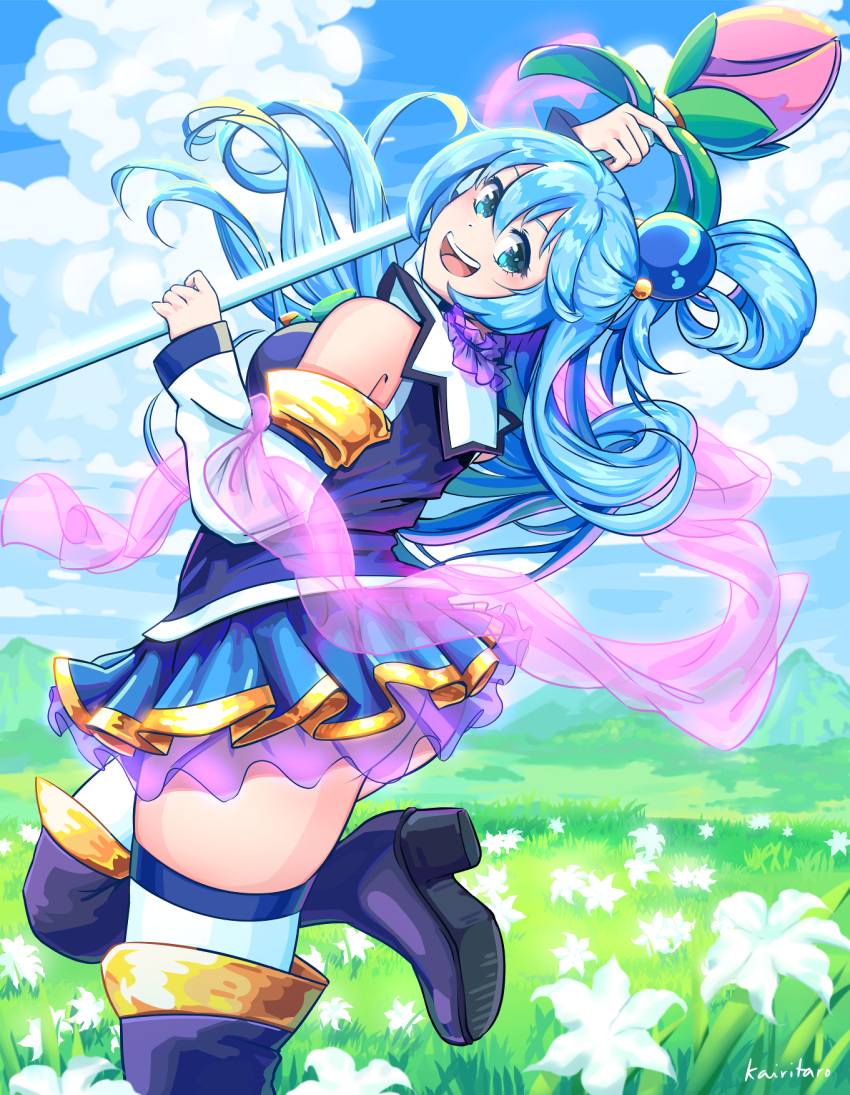 1girl :d aqua_(konosuba) ass bangs black_footwear blue_eyes blue_hair blue_sky blurry boots clouds cloudy_sky commentary depth_of_field detached_sleeves english_commentary eyebrows_visible_through_hair field flower flower_field folded_ponytail from_side grass hagoromo hair_between_eyes hair_bobbles hair_ornament high_heels highres holding holding_staff kono_subarashii_sekai_ni_shukufuku_wo! leaning_back long_hair long_sleeves looking_at_viewer meltyrice open_mouth pleated_skirt shawl sidelocks skirt sky smile solo staff standing standing_on_one_leg thigh-highs thigh_boots zettai_ryouiki