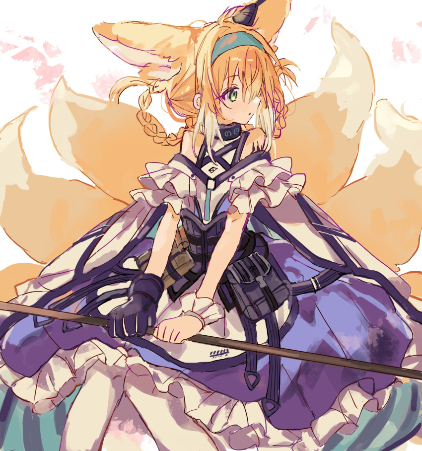 1girl animal_ears arknights bangs bare_shoulders blonde_hair blue_hairband commentary dress fox_ears fox_girl fox_tail frilled_dress frills gloves green_eyes hairband highres holding holding_staff infection_monitor_(arknights) multiple_tails namiharuru oripathy_lesion_(arknights) single_glove solo staff suzuran_(arknights) tail