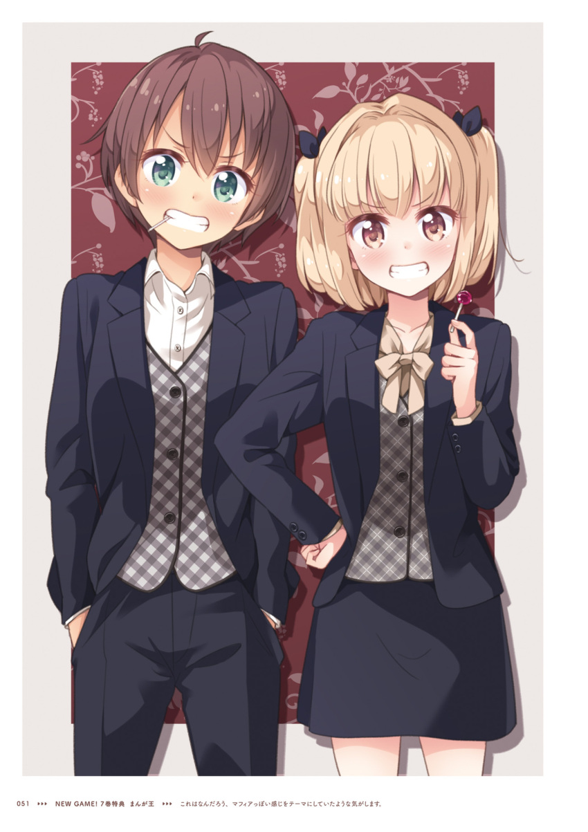 2girls androgynous black_bow black_jacket black_pants black_skirt blonde_hair blush bow brown_eyes brown_hair candy collarbone collared_shirt copyright_name cowboy_shot dress_shirt food formal green_eyes grin hair_bow hair_intakes hand_on_hip hands_in_pocket highres holding holding_candy holding_food holding_lollipop iijima_yun jacket log lollipop long_hair long_sleeves looking_at_viewer miniskirt multiple_girls new_game! official_art open_clothes open_jacket page_number pant_suit pants pencil_skirt plaid plaid_vest shinoda_hajime shirt short_hair skirt skirt_suit smile standing suit tokunou_shoutarou twintails vest white_shirt wing_collar