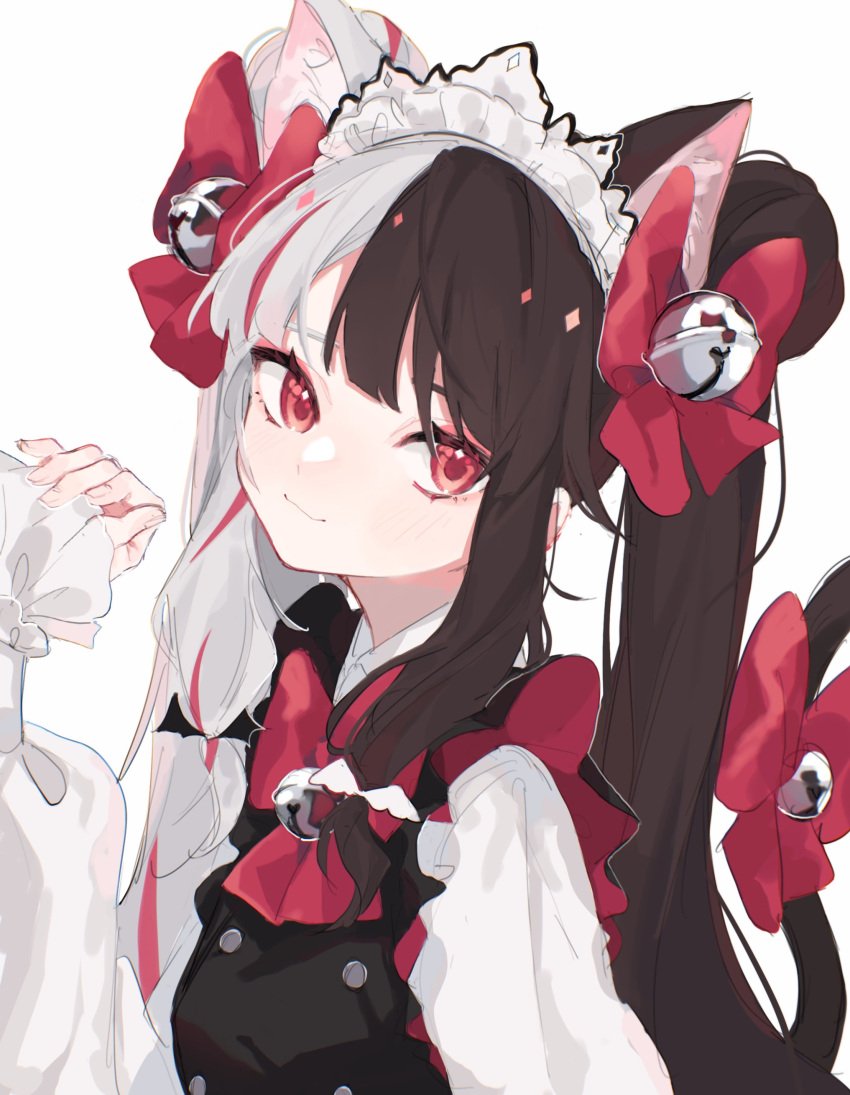 1girl :3 absurdres animal_ear_fluff animal_ears bangs bell black_dress black_hair bow bowtie buttons cat_ears cat_tail double-breasted dress hair_bell hair_bow hair_ornament highres jingle_bell kemonomimi_mode long_hair long_sleeves looking_at_viewer maid_headdress mono_02 multicolored_hair nijisanji puffy_long_sleeves puffy_sleeves red_bow red_eyes red_neckwear shirt sleeveless sleeveless_dress solo streaked_hair tail twintails two-tone_hair upper_body very_long_hair virtual_youtuber white_hair white_shirt yorumi_rena