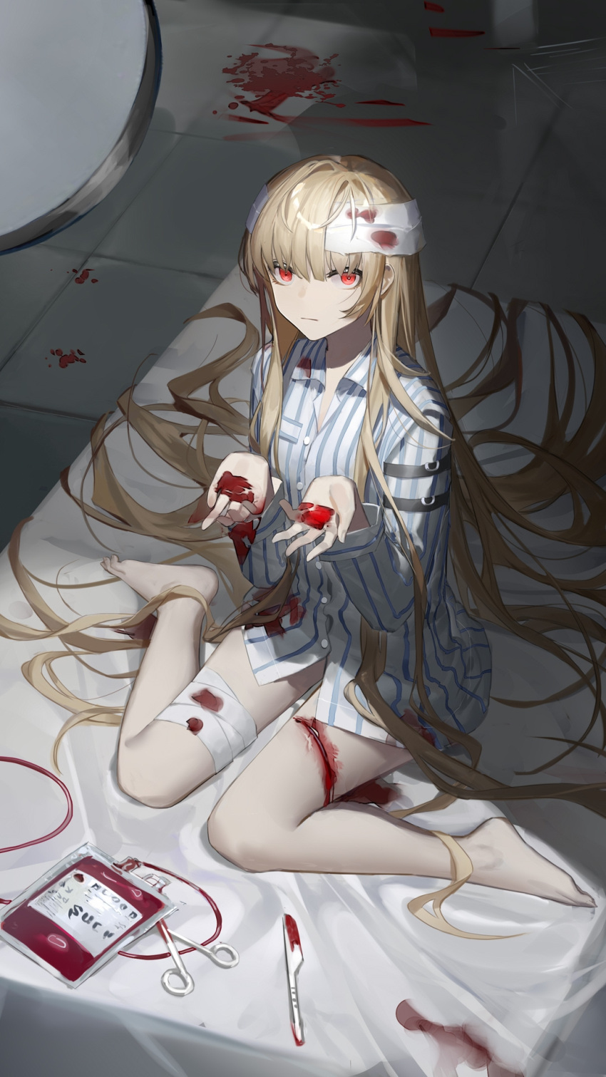 1girl absurdly_long_hair bandaged_head bandaged_leg bandages bangs barefoot blonde_hair blood blood_bag blood_on_bandages blood_on_hands blood_stain cuts deep_wound hands_up highres injury knife long_hair long_sleeves on_table open_hands original red_eyes scissors shirt shui_ran_moon sitting solo striped striped_shirt table tile_floor tiles very_long_hair wariza