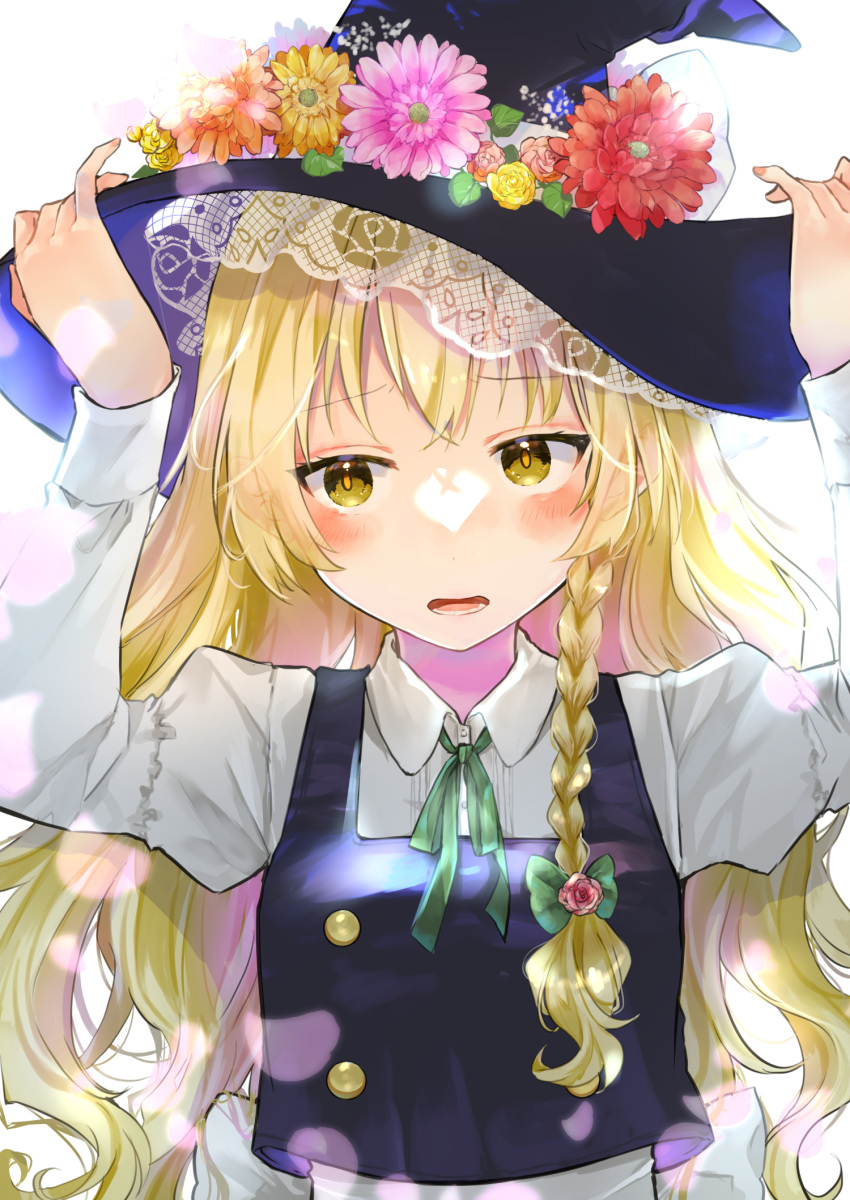 1girl bangs black_headwear black_vest blonde_hair blush bow braid breasts buttons commentary_request daisy eyebrows_visible_through_hair fingernails floral_print flower flower_request green_bow hair_bow hair_flower hair_ornament hair_ribbon hands_on_headwear hands_up hat hat_flower highres juliet_sleeves kirisame_marisa long_hair long_sleeves looking_away medium_breasts open_mouth orange_flower pink_flower puffy_sleeves red_flower ribbon rose side_braid simple_background single_braid solo touhou tress_ribbon upper_body very_long_hair vest white_background wing_collar witch_hat yellow_eyes yellow_flower yurara_(aroma42enola)