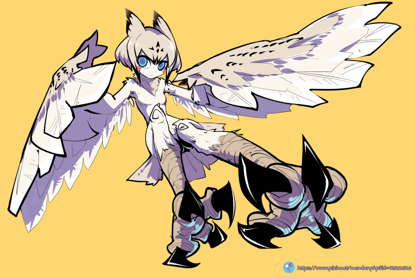 1girl absurdres animal_ears bird_ears bird_legs bird_tail blue_eyes blush_stickers brown_feathers brown_wings commentary_request feathered_wings feathers harpy highres imazawa monster_girl original pixiv_id short_hair sidelocks solo tail talons white_feathers winged_arms wings yellow_background