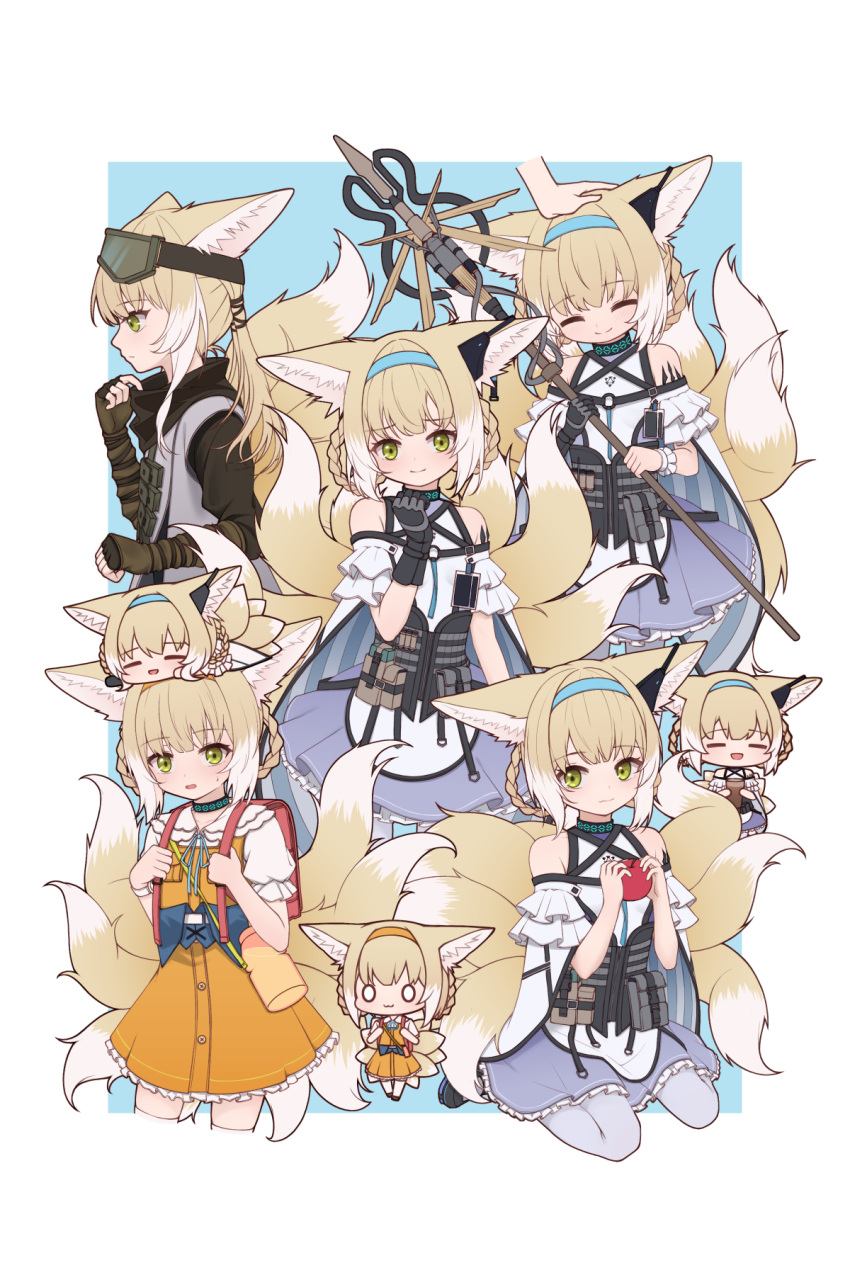 0_0 1girl :3 :d :o =_= alternate_costume animal_ears arknights backpack bag bare_shoulders black_collar black_gloves blonde_hair blue_background blue_dress border braid chibi chibi_on_head chinese_commentary closed_eyes collar commentary_request dress earpiece fingerless_gloves food fox_ears fox_girl fox_tail from_side fruit gloves goggles goggles_on_head green_eyes hair_tubes hairband headpat highres holding holding_food holding_fruit holding_staff id_card infection_monitor_(arknights) kitsune kyuubi looking_at_viewer lxjun_09 multicolored_hair multiple_tails multiple_views official_alternate_costume on_head open_mouth orange_dress orange_hairband oripathy_lesion_(arknights) pantyhose profile randoseru red_bag seiza short_hair simple_background sitting smile staff standing straight-on streaked_hair suzuran_(arknights) tactical_clothes tail thigh-highs too_much_fluff two-tone_dress vest white_border white_dress white_hair white_legwear