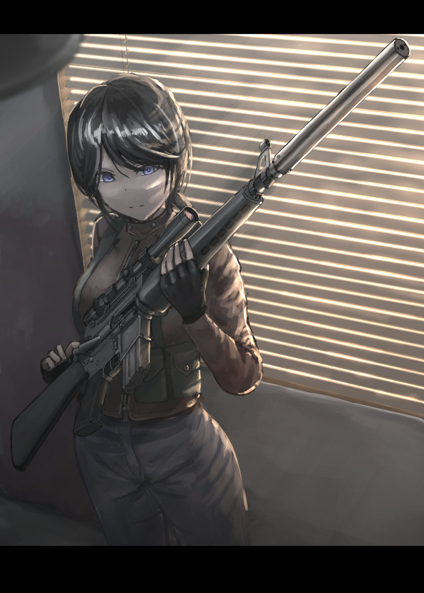 1girl absurdres assault_rifle black_hair blinds blue_eyes d-sawa613 dark_room fingerless_gloves gloves gun highres holding holding_gun holding_weapon holster jacket m16 m16a1 original ponytail rifle scope solo suppressor weapon