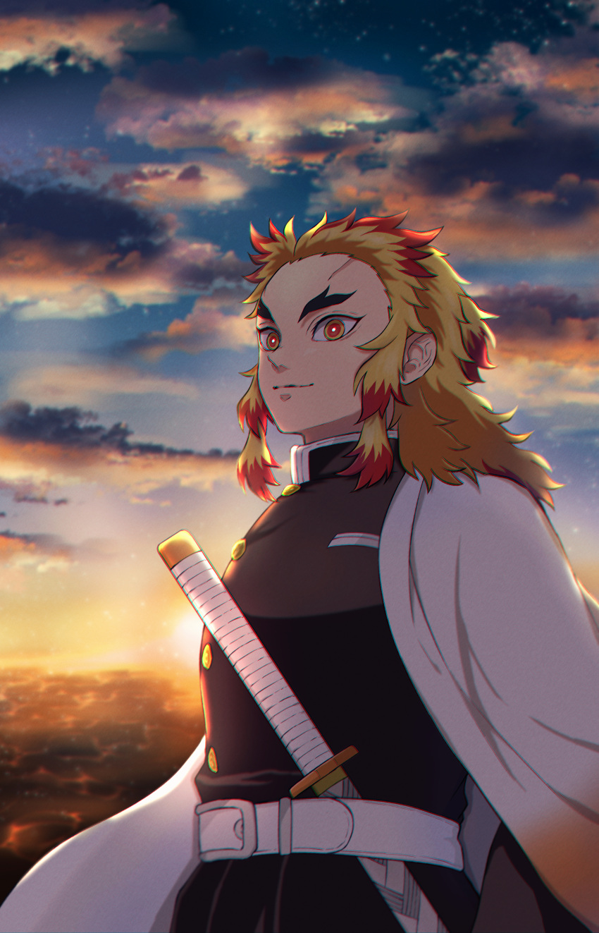 1boy absurdres belt belt_buckle black_jacket blonde_hair blurry blurry_background buckle cape closed_mouth clouds fuyu_(utngrtn) highres jacket kimetsu_no_yaiba long_hair long_sleeves male_focus multicolored_hair outdoors red_eyes redhead rengoku_kyoujurou sheath sheathed solo sunset sword two-tone_hair weapon white_belt white_cape