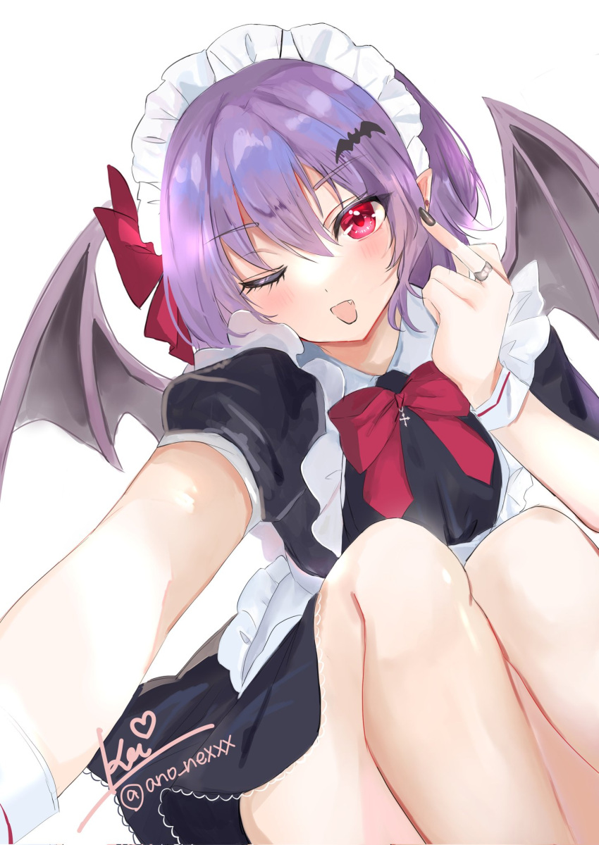 1girl alternate_costume arm_up bat_hair_ornament bat_wings black_nails collared_shirt commentary_request enmaided fang frills hair_ornament highres jewelry kei_(hidden) knees looking_at_viewer maid maid_headdress middle_finger nail_polish one_eye_closed open_mouth pointy_ears puffy_short_sleeves puffy_sleeves purple_hair red_eyes red_neckwear remilia_scarlet ring shirt short_hair short_sleeves signature simple_background sitting solo thighs touhou twitter_username white_background wing_collar wings wrist_cuffs
