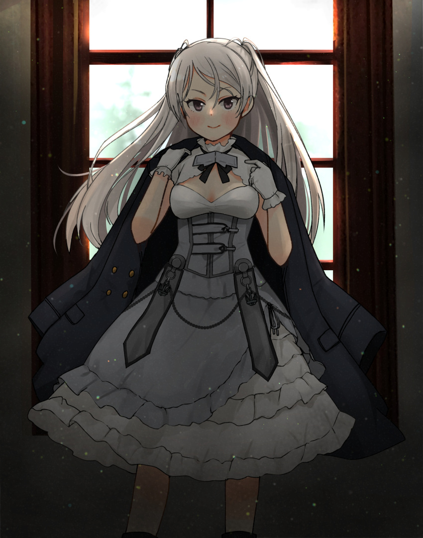 1girl black_coat blush brown_eyes closed_mouth coat coat_on_shoulders conte_di_cavour_(kancolle) dress feet_out_of_frame gloves highres kantai_collection kitsuneno_denpachi layered_dress long_hair remodel_(kantai_collection) short_sleeves silver_hair smile solo two-tone_dress two_side_up white_dress white_gloves window