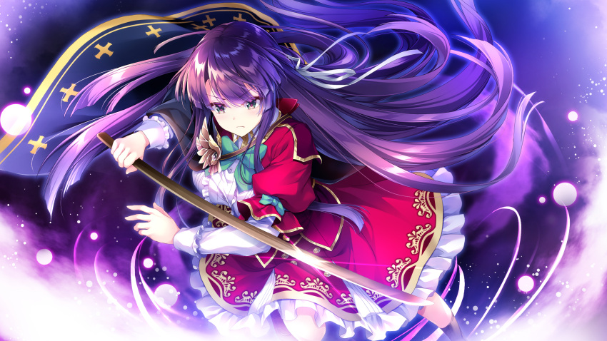 1girl bangs brown_eyes closed_mouth dress_shirt floating_hair frown game_cg green_neckwear hair_between_eyes hair_ribbon highres holding layered_skirt long_hair long_sleeves official_art purple_background purple_hair red_skirt ribbon secret_agent_~kishi_gakuen_no_shinobi_naru_mono~ shinai shiny shiny_hair shirogane_kagura shirt skirt solo sword v-shaped_eyebrows very_long_hair weapon white_ribbon white_shirt