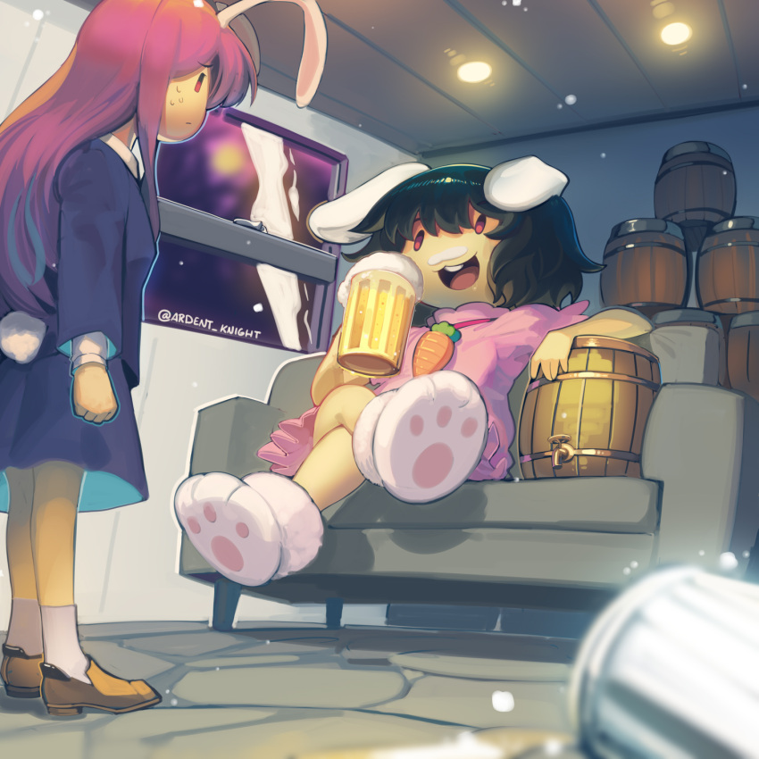 2girls :3 :d animal_ears beer_mug black_hair blue_jacket blue_skirt boa_(brianoa) brown_footwear buck_teeth carrot_necklace character_request closed_mouth couch crossed_legs cup dress fake_facial_hair fake_mustache foam_mustache highres inaba_tewi indoors jacket long_sleeves medium_hair miniskirt mug multiple_girls on_couch open_mouth paw_boots pink_dress rabbit_ears red_eyes shoes sitting skirt smile smug socks sweatdrop tankard teeth touhou twitter_username two-sided_fabric two-sided_skirt white_legwear window |_|