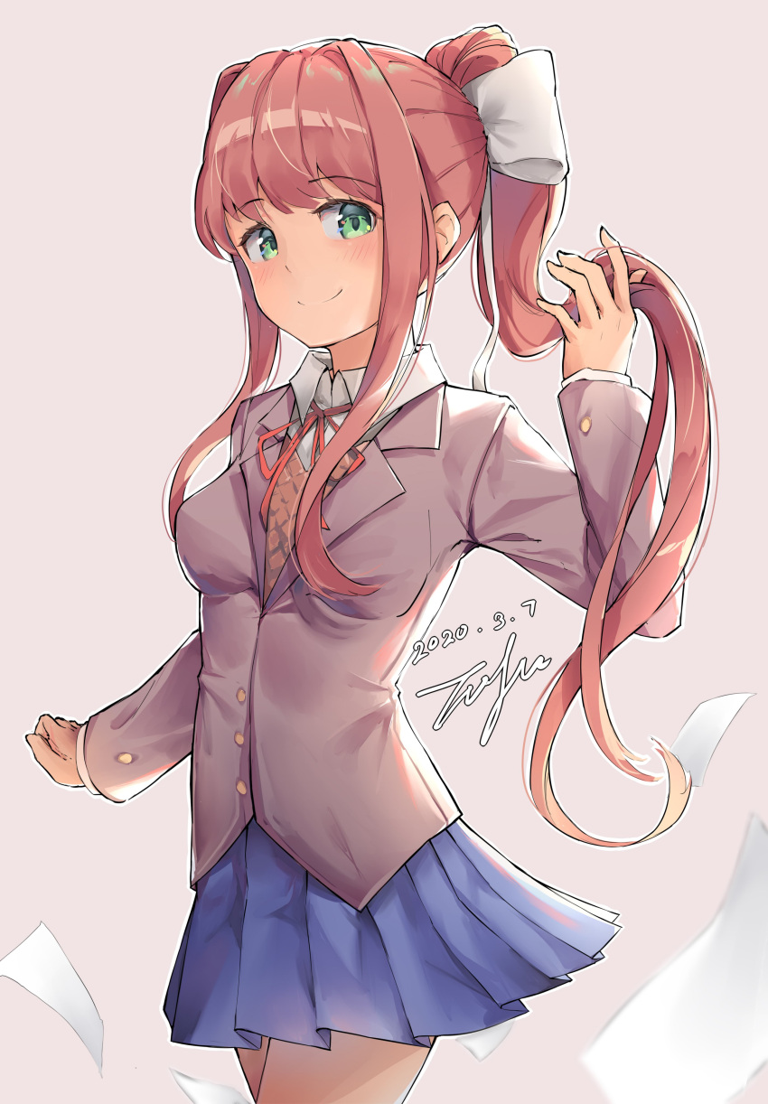 1girl arms_behind_back bangs blue_skirt bow breasts brown_hair closed_mouth cowboy_shot doki_doki_literature_club eyebrows_visible_through_hair from_side green_eyes grey_background hair_bow hair_ribbon highres holding holding_paper jacket long_hair long_sleeves looking_at_viewer medium_breasts miniskirt monika_(doki_doki_literature_club) muuyiie pleated_skirt ponytail ribbon simple_background skirt smile solo symbol_commentary tofumang white_bow white_ribbon