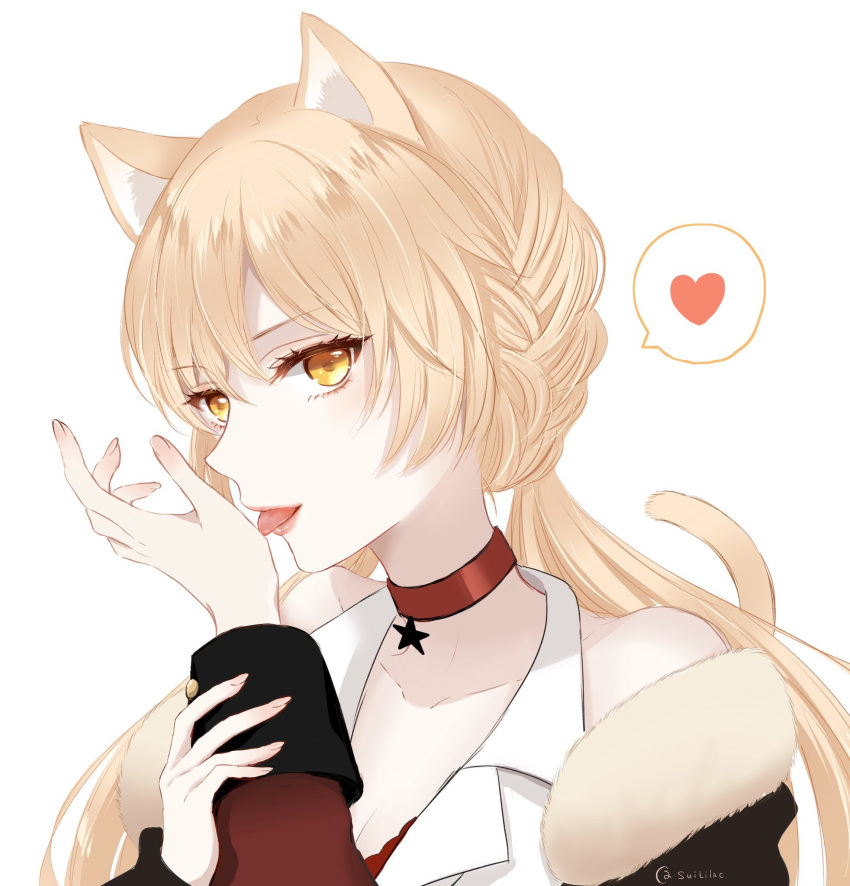 1girl animal_ears artist_name blonde_hair breasts cat_ears cat_tail choker collarbone commentary_request eyebrows_visible_through_hair fingernails girls_frontline hair_ornament hand_grab heart heart_print highres licking licking_hand lips long_hair looking_at_viewer low_twintails open_mouth ots-14_(girls'_frontline) red_choker solo star_(symbol) sui_(camellia) tail tongue tongue_out twintails upper_body white_background yellow_eyes