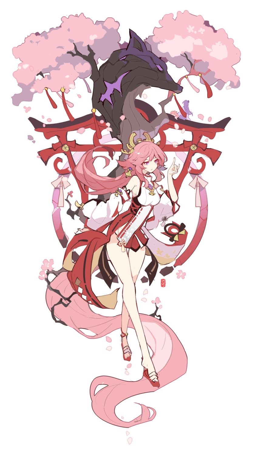 1girl bangs bare_shoulders branch cherry_blossoms circle coattails crossed_legs detached_sleeves earrings falling_petals floral_print flower_knot fox_shadow_puppet full_body genshin_impact hair_ornament hand_up highres ideolo japanese_clothes jewelry kimono leaning_forward long_hair looking_to_the_side miko petals pink_hair print_kimono red_kimono sandals sleeveless sleeveless_kimono solo standing symbol-only_commentary tassel torii tree very_long_hair violet_eyes vision_(genshin_impact) watson_cross white_background wide_sleeves yae_(genshin_impact)