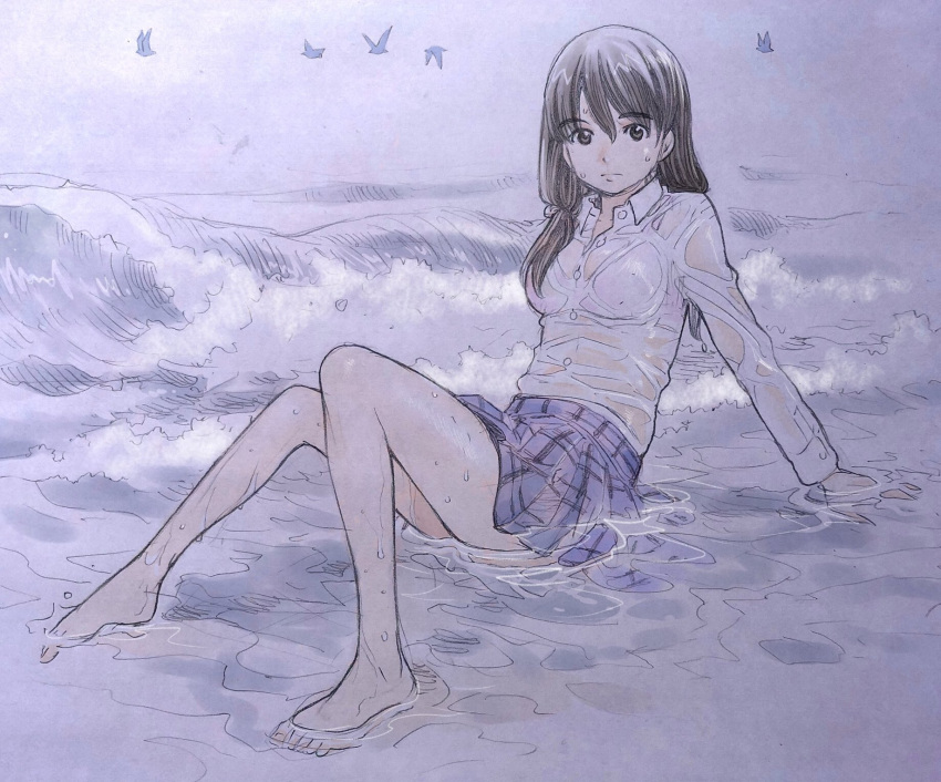 1girl bare_legs barefoot bird closed_mouth expressionless full_body highres long_hair looking_at_viewer low_twintails miniskirt muted_color ocean original outdoors sekiguchi_taro shirt sitting skirt traditional_media twintails waves wet wet_clothes wet_shirt white_shirt