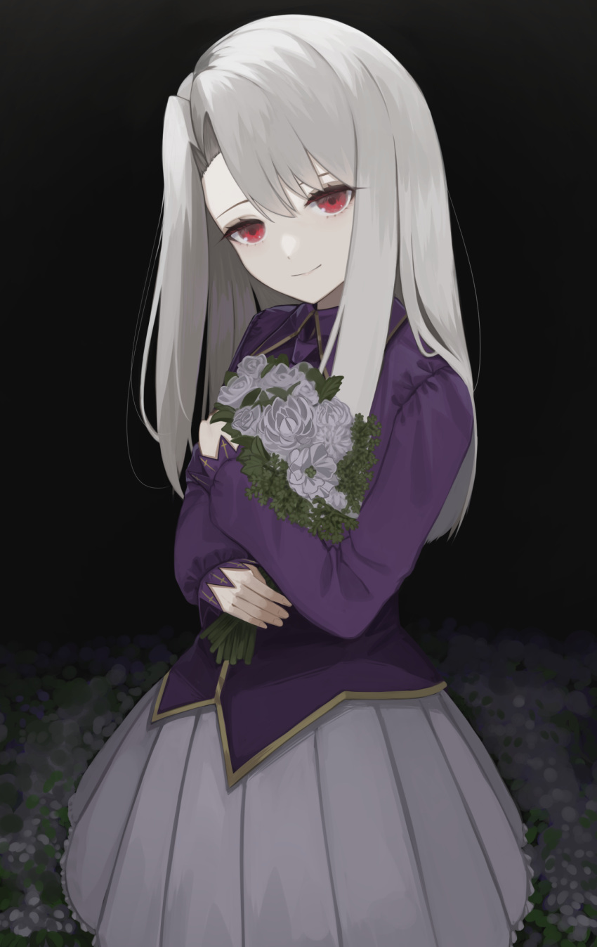 1girl bangs black_background bouquet closed_mouth commentary_request eyebrows_behind_hair fate/stay_night fate_(series) flower grey_hair hair_between_eyes head_tilt highres illyasviel_von_einzbern long_hair long_sleeves looking_at_viewer object_hug pleated_skirt puffy_long_sleeves puffy_sleeves purple_shirt red_eyes shirt skirt sleeves_past_wrists smile solo white_flower white_skirt yamada_maya_(yamdmay)