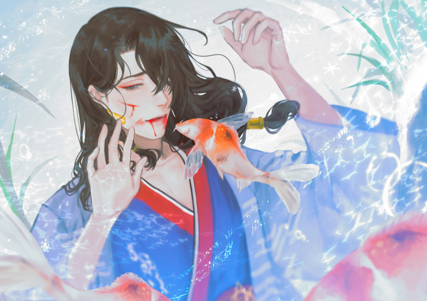 1boy absurdres bangs black_hair blood blood_from_mouth chinese_clothes commission cuts delia740 dying english_commentary eyeshadow fish highres indie_virtual_youtuber injury koi long_hair looking_down makeup male_focus open_hands parted_lips red_eyeshadow second-party_source skeb_commission solo underwater virtual_youtuber zhaoren