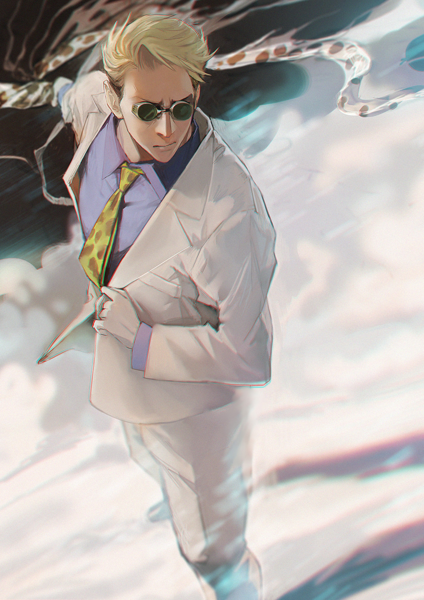 1boy black_background blonde_hair blue_shirt closed_mouth collared_shirt cowboy_shot dress_shirt formal grey_jacket grey_pants grey_suit highres holding holding_sword holding_weapon jacket jujutsu_kaisen long_sleeves male_focus nanami_kento necktie pants round_eyewear shirt shirushi_(in) short_hair smoke solo standing sunglasses sword weapon yellow_neckwear