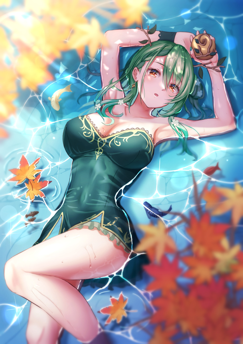 1girl :o apple armpits arms_up asymmetrical_bangs autumn_leaves bangs boku_no_edamame braid braided_bangs branch breasts ceres_fauna commentary_request covered_navel dress earrings eyes_visible_through_hair fish flower food french_braid frilled_dress frills fruit golden_apple green_dress green_hair hair_flower hair_ornament highres holding holding_food holding_fruit hololive hololive_english jewelry large_breasts leaf long_hair looking_at_viewer lying maple_leaf mole mole_under_eye on_back orange_eyes outdoors partially_submerged revision short_dress solo strapless strapless_dress thighs virtual_youtuber water wet wet_clothes wristband