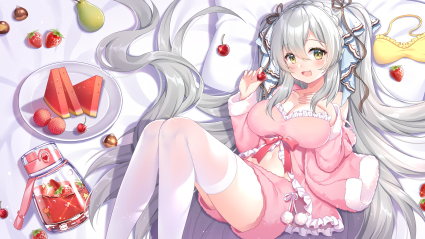 1girl akuma_(ogino-m) berry blush bra bra_removed braid commentary_request food fruit hair_between_eyes hair_ribbon hand_on_own_chest highres jar lingerie long_hair lying navel nut_(food) on_back open_mouth original pear pillow ribbon silver_hair solo sparkle strawberry underwear very_long_hair watermelon white_legwear yellow_eyes
