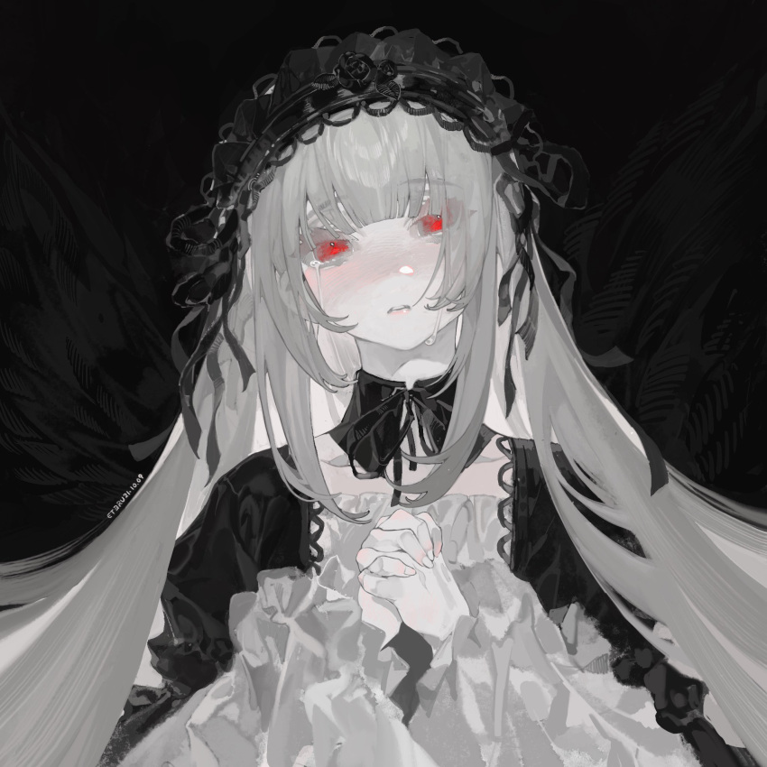 1girl bangs black_background black_dress black_flower black_ribbon black_rose black_wings commentary crying dress eteru feathered_wings flower frilled_sleeves frills hairband highres interlocked_fingers lolita_fashion lolita_hairband long_hair long_sleeves pale_skin puffy_long_sleeves puffy_sleeves red_eyes ribbon rose rozen_maiden sidelocks solo suigintou upper_body very_long_hair white_hair wings