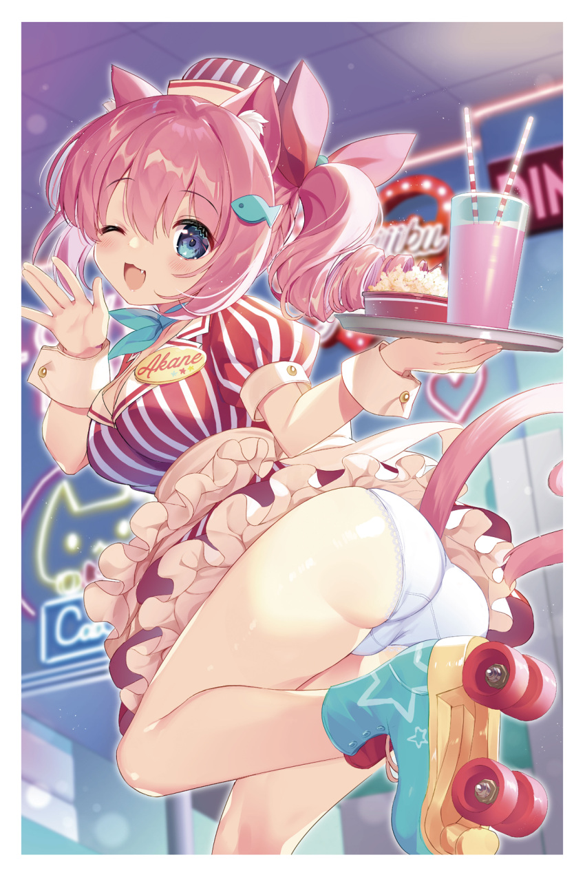 1girl animal_ear_fluff animal_ears apron ass blue_eyes blue_footwear boots border cat_ears cat_tail curly_hair dress drinking_straw fang food from_behind hat highres holding leg_up legs long_hair looking_back milkshake name_tag natsuki_marina non-web_source one_eye_closed open_mouth original panties pink_hair ribbon roller_skates short_dress side_ponytail skates smile solo standing standing_on_one_leg striped striped_dress striped_headwear tail thighs tray underwear waist_apron waitress waving white_apron white_border white_panties wrist_cuffs