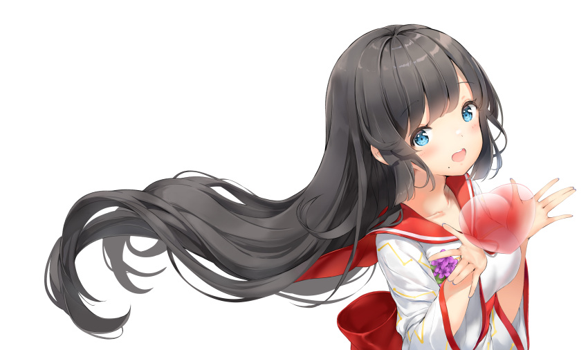1girl :d absurdres black_hair blue_eyes blush breasts eyebrows_visible_through_hair highres keibeam long_hair long_sleeves looking_at_viewer mole mole_under_mouth nail_polish open_mouth sailor_collar smile solo wide_sleeves