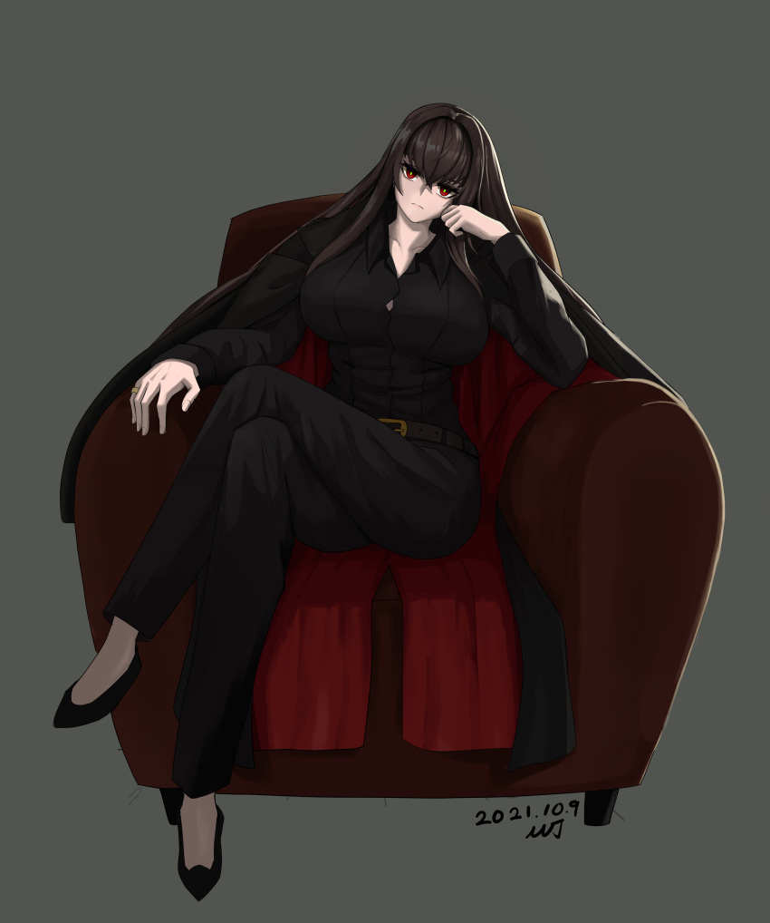 1girl absurdres bangs belt breasts brown_hair chair crossed_legs dated full_body green_pubic_hair grey_background hand_on_own_face highres jewelry large_breasts last_origin long_hair looking_at_viewer minji_(jimin10804) red_eyes ring royal_arsenal solo