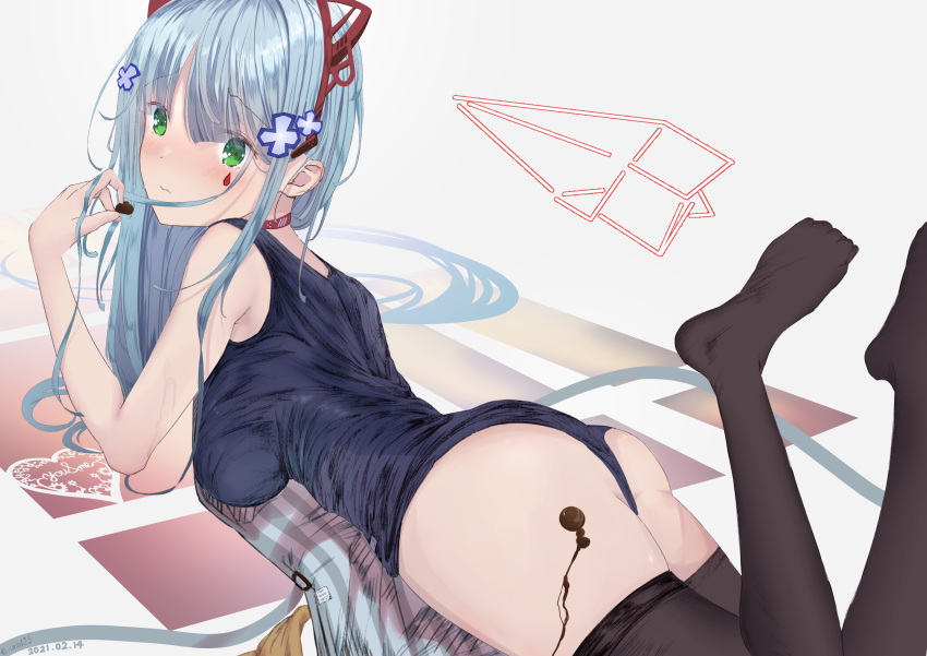 1girl absurdres animal_ears artist_name ass bangs black_legwear blue_hair blue_swimsuit blush chocolate choker closed_mouth crossed_bangs dated eyebrows_visible_through_hair fake_animal_ears food girls_frontline green_eyes hand_in_hair highres hk416_(girls'_frontline) holding holding_chocolate holding_food long_hair looking_at_viewer lying no_shoes on_stomach red_choker school_swimsuit simple_background solo soranagi_(una123) swimsuit teardrop_facial_mark teardrop_tattoo thigh-highs