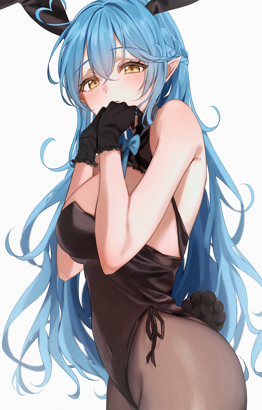 1girl absurdres ahoge amyu_(amm_asl_pa) animal_ears bare_arms blue_bow blue_hair blush bow braid breasts commentary_request covering_mouth eyebrows_visible_through_hair gloves heart_ahoge highres hololive long_hair pantyhose playboy_bunny pointy_ears rabbit_ears rabbit_tail shoulders tail thighs virtual_youtuber white_background yellow_eyes yukihana_lamy