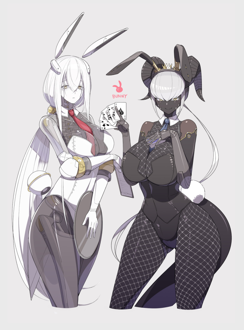 2girls ace_of_spades animal_ears between_breasts black_horns black_leotard black_skin breasts card colored_skin cowboy_shot detached_collar fake_animal_ears fake_tail fishnet_legwear fishnets highres horns jack_of_spades king_of_spades large_breasts leotard looking_at_viewer multiple_girls necktie necktie_between_breasts original pale_skin playboy_bunny playing_card poker queen_of_spades rabbit_ears red_neckwear royal_flush skeleton strapless strapless_leotard tail translucent_skin ub1mo white_eyes white_skin wrist_cuffs