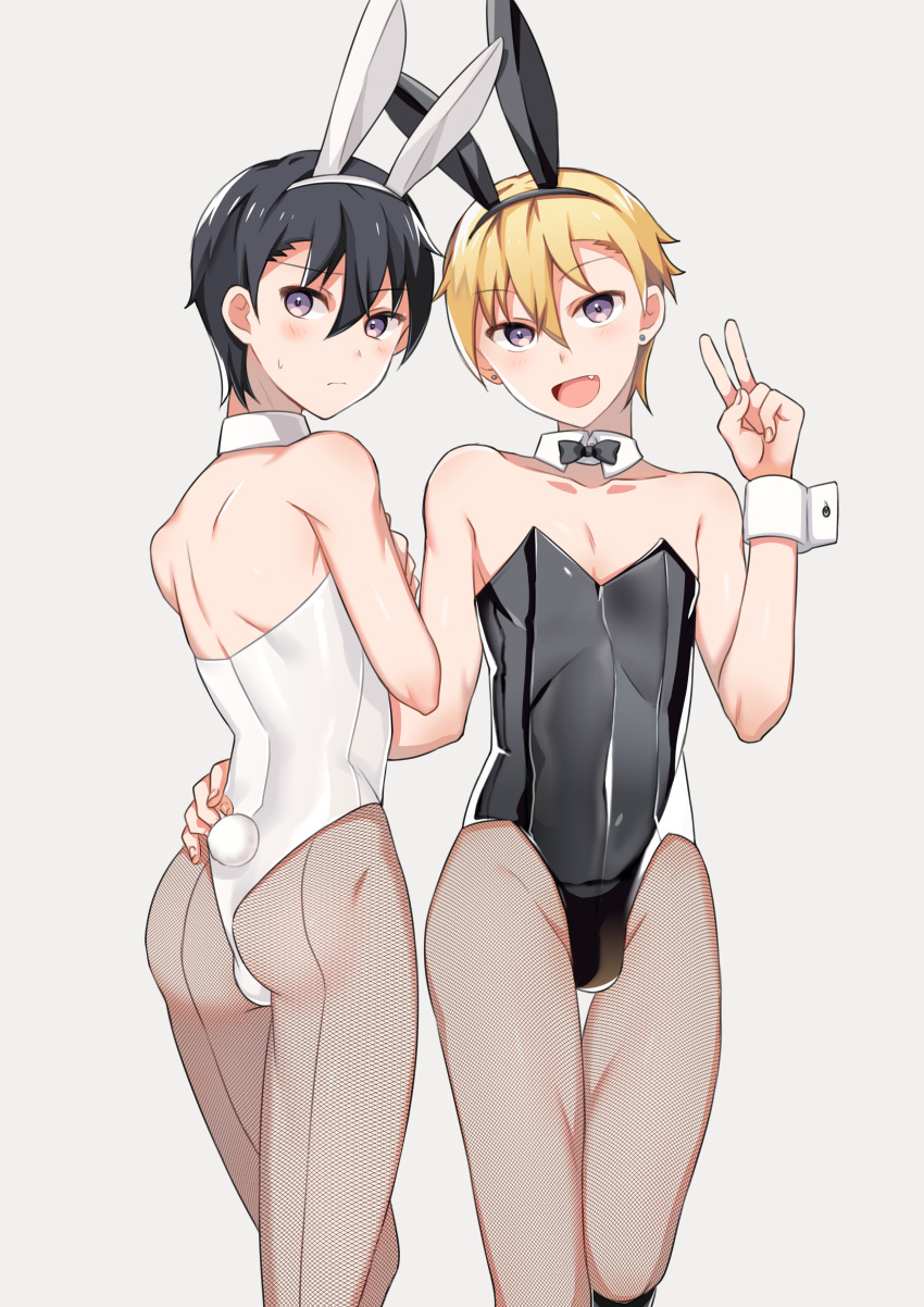 2boys :d absurdres ae_(aeiu4114) animal_ears ass back bangs bare_arms bare_shoulders black_hair black_legwear black_leotard blonde_hair blush bulge collarbone covering covering_chest detached_collar earrings fake_animal_ears fake_tail fang fishnet_legwear fishnets frown groin hair_between_eyes hand_on_another's_hip hand_up highleg highleg_leotard highres jewelry leotard looking_at_viewer looking_back male_focus male_playboy_bunny multiple_boys open_mouth original pantyhose rabbit_ears rabbit_tail short_hair shoulder_blades simple_background smile strapless strapless_leotard stud_earrings sweatdrop tail thigh_gap thong_leotard v violet_eyes white_leotard wrist_cuffs