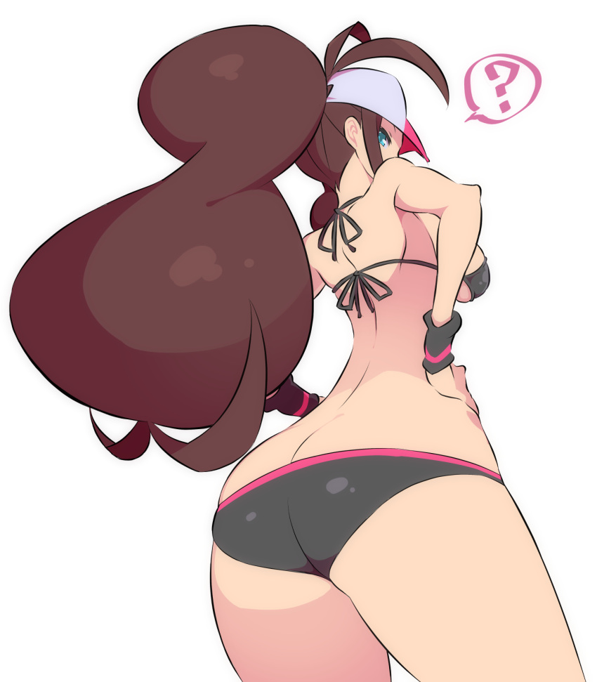 1girl ? ahoge aqua_eyes ass back baseball_cap bikini black_bikini breasts brown_hair butt_crack commentary_request curly_hair from_behind hand_on_hip hat high_ponytail highres hilda_(pokemon) long_hair looking_at_viewer medium_breasts nac000 pokemon pokemon_(game) pokemon_bw shoulder_blades sideboob simple_background solo spoken_question_mark standing swimsuit thighs white_background wristband