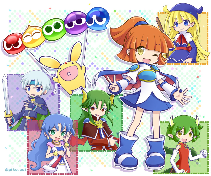 2boys 4girls arle_nadja blonde_hair blue_eyes blue_hair blush_stickers bracelet broom brown_eyes brown_hair carbuncle_(puyopuyo) china_dress chinese_clothes closed_mouth draco_centauros dragon_girl dragon_horns dragon_tail dragon_wings dress earrings elbow_gloves eyebrows_visible_through_hair fang gloves green_eyes green_hair grey_hair highres holding holding_broom horns jewelry long_hair long_sleeves looking_at_viewer multiple_boys multiple_girls necklace open_mouth pointy_ears puyo_(puyopuyo) puyopuyo red_dress red_eyes rulue_(puyopuyo) satan_(puyopuyo) schezo_wegey short_hair short_ponytail sleeveless smile smug tail takazaki_piko wavy_hair white_gloves wings witch_(puyopuyo) yellow_eyes