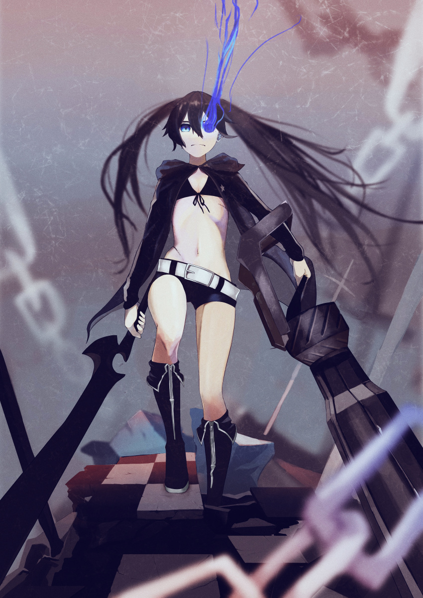 1girl absurdres belt belt_buckle bikini bikini_top black_bikini black_footwear black_hair black_jacket black_ribbon black_rock_shooter black_rock_shooter_(character) black_shorts blue_eyes blue_fire blurry blurry_background boots buckle checkered checkered_floor closed_mouth fire flaming_eye flat_chest floating_hair front-tie_top frown full_body grey_background highres holding holding_sword holding_weapon jacket knee_boots long_hair long_sleeves looking_at_viewer micro_shorts open_clothes open_jacket ribbon saiya2009 shorts solo swimsuit sword twintails very_long_hair weapon white_belt