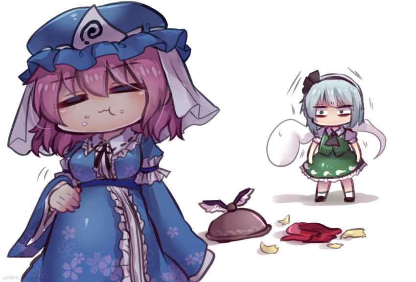 4girls =_= black_hairband black_neckwear blue_kimono breasts closed_eyes commentary_request floral_print food food_on_face green_eyes green_skirt green_vest hairband hand_on_own_stomach hat japanese_clothes kimono konpaku_youmu konpaku_youmu_(ghost) large_breasts long_sleeves mob_cap multiple_girls mystia_lorelei niwatari_kutaka one-hour_drawing_challenge pink_hair puffy_short_sleeves puffy_sleeves saigyouji_yuyuko shirt short_sleeves silver_hair simple_background skirt standing sweatdrop touhou trembling triangular_headpiece unime_seaflower vest white_background white_shirt wide-eyed wide_sleeves