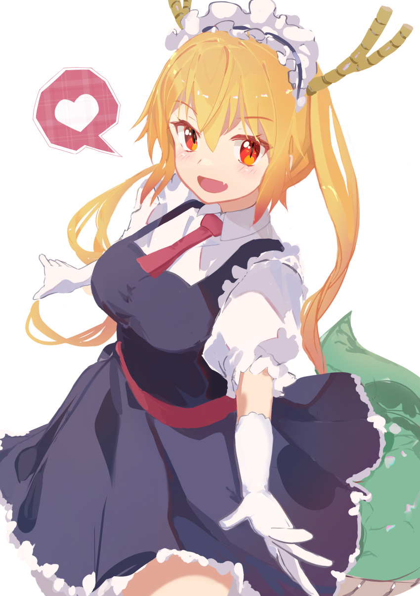 1girl absurdres black_dress blonde_hair breasts closed_mouth collared_shirt dragon_girl dragon_horns dragon_tail dress frilled_sleeves frills gloves hair_between_eyes highres horns index_finger_raised kobayashi-san_chi_no_maidragon large_breasts long_hair looking_at_viewer maid maid_headdress necktie one_eye_closed puffy_short_sleeves puffy_sleeves red_neckwear same_(sendai623) shirt short_sleeves simple_background slit_pupils smile tail tohru_(maidragon) twintails very_long_hair white_background white_gloves white_shirt