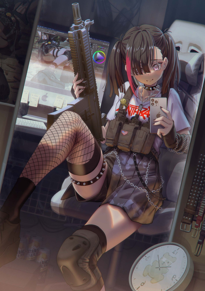 1girl absurdres anthrax_(band) assault_rifle belt black_footwear black_hair black_legwear chain chair clock fishnet_legwear fishnets gaming_chair gun highres hironii_(hirofactory) indoors knee_pads multicolored_hair original rifle shirt single_knee_pad sitting skirt socks solo spiked_thighlet streaked_hair strong_zero studded_belt t-shirt tagme twintails weapon weapon_request