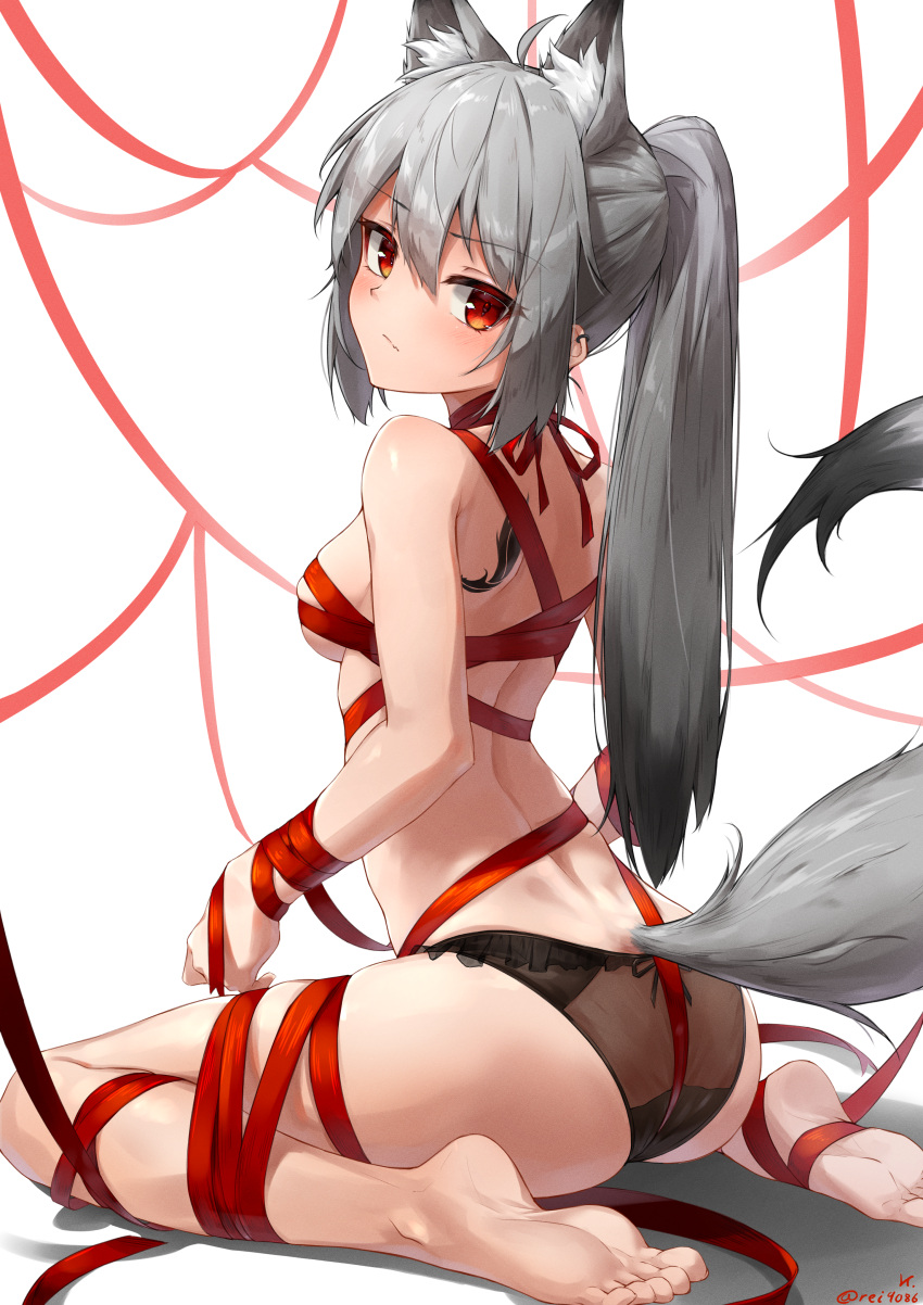1girl absurdres animal_ears ass back_tattoo barefoot black_panties breasts closed_mouth earrings fang fox_ears from_behind grey_hair highres jewelry long_hair looking_at_viewer looking_back medium_hair naked_ribbon original panties ponytail red_eyes rei_(9086) revision ribbon sitting soles solo tail tattoo toes underwear very_long_hair wariza wolf_girl wolf_tail
