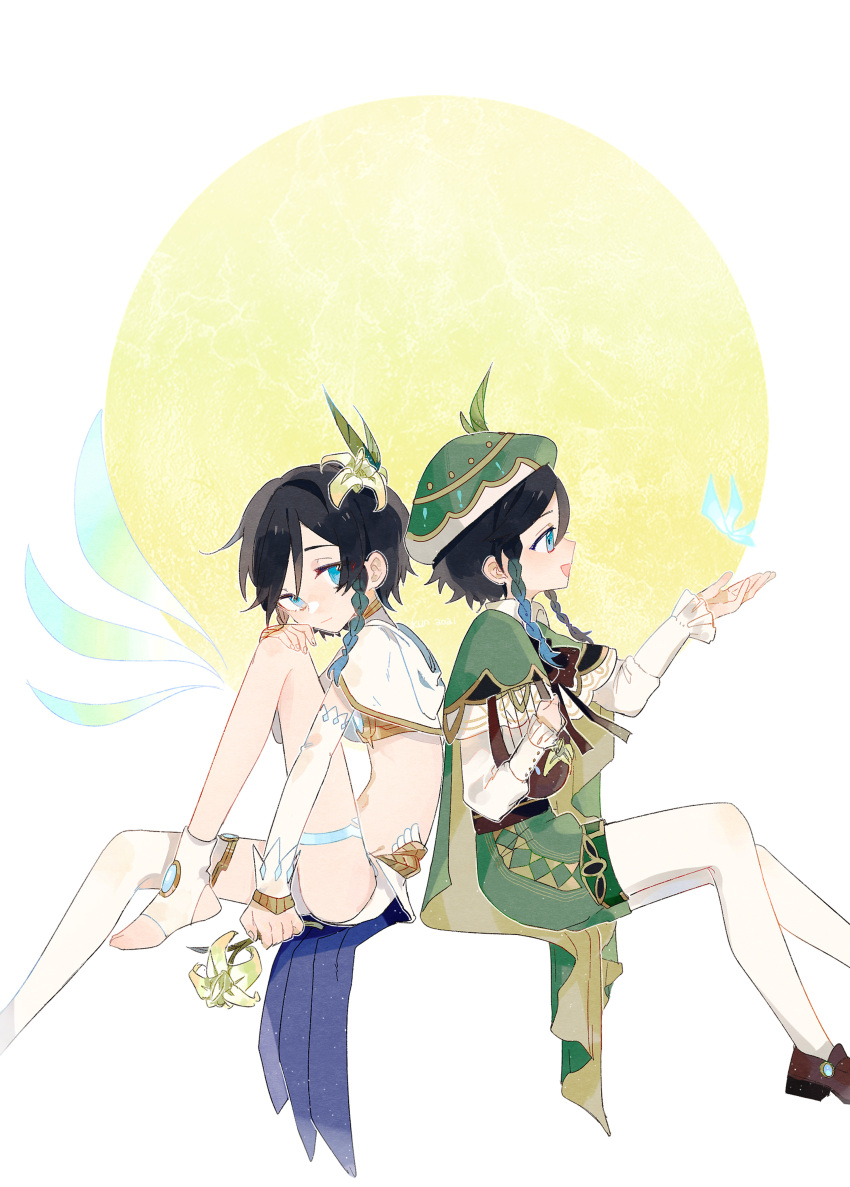 2boys :d absurdres back-to-back bangs beret blue_butterfly blue_hair braid bug butterfly cape closed_mouth dual_persona genshin_impact green_cape green_headwear green_shorts hat highres invisible_chair long_sleeves medium_hair multiple_boys open_mouth sasorin shorts single_wing sitting smile toeless_legwear toes venti_(genshin_impact) white_legwear wings