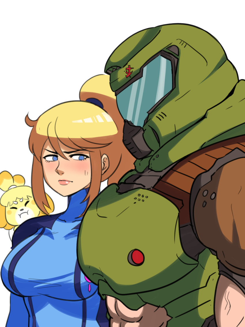 1boy animal_crossing armor blonde_hair blue_bodysuit blue_eyes blush bodysuit breasts crossover doom_(series) doom_eternal doomguy helmet highres isabelle_(animal_crossing) long_hair looking_at_viewer male_focus metroid mole mole_under_mouth muscular pectoral_envy_(meme) ponytail praetor_suit samus_aran simple_background skin_tight space_marine super_smash_bros. tina_fate zero_suit