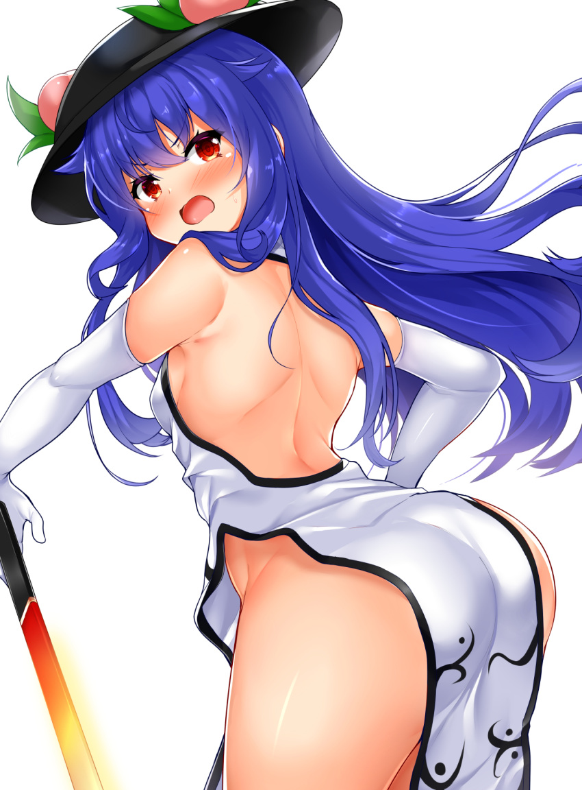 1girl alternate_costume ass back backless_dress backless_outfit bangs blue_hair blush breasts commentary_request dress elbow_gloves eyebrows_visible_through_hair food fruit gloves hair_between_eyes hat highres hinanawi_tenshi leaf long_hair looking_at_viewer no_panties open_mouth peach red_eyes simple_background small_breasts solo sword_of_hisou tokoya_(ex-hetare) touhou white_background white_dress white_gloves