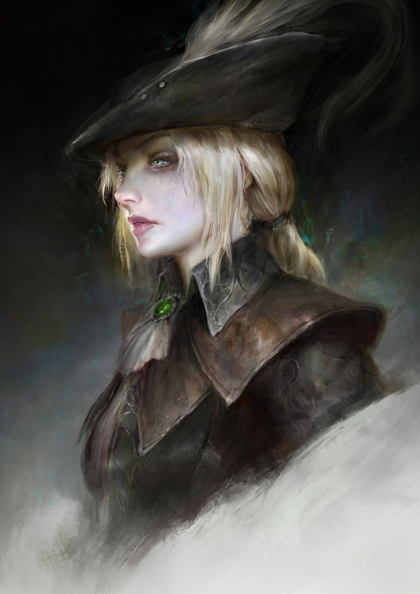 1girl absurdres ascot blonde_hair blood bloodborne blue_eyes cape hat hat_feather highres lady_maria_of_the_astral_clocktower long_hair ponytail simple_background solo the_old_hunters thedurianart tricorne white_hair