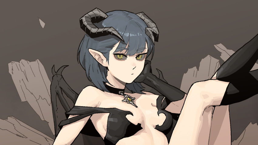 1girl black_choker black_gloves black_wings breasts choker closed_mouth colored_sclera crossed_legs demon_girl demon_horns demon_wings gloves gogalking grey_hair grey_sclera hand_up highres horns jewelry legs_up looking_at_viewer medium_hair original pendant slit_pupils small_breasts solo wings yellow_eyes