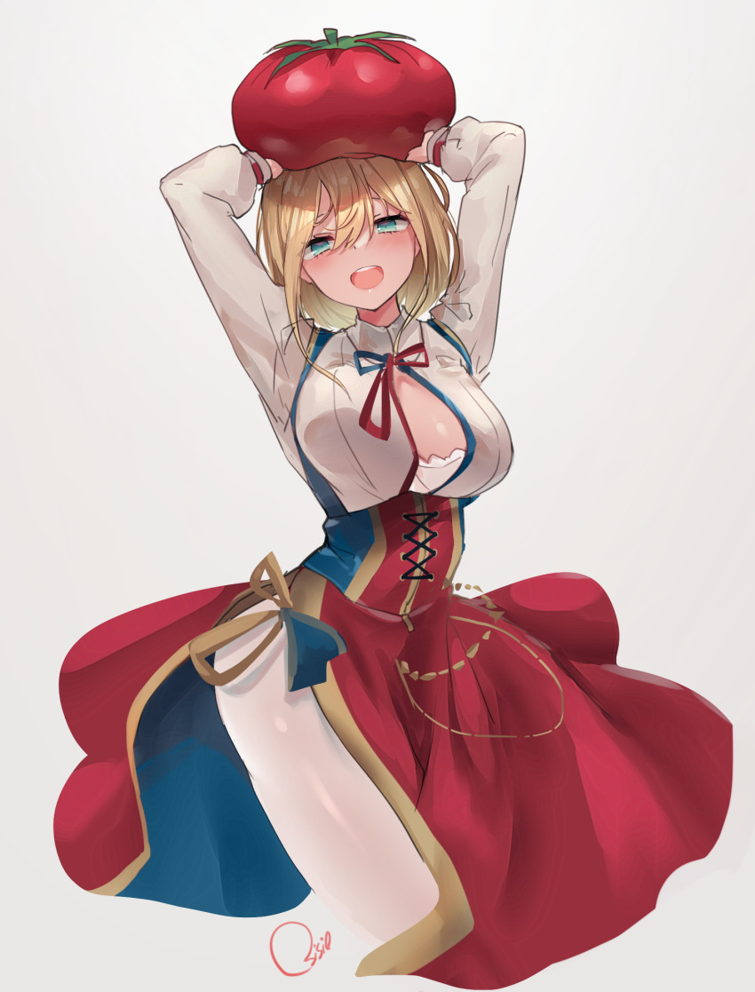 1girl arched_back arms_up blonde_hair blue_eyes blush bra breasts center_opening contrapposto cropped_legs dress dress_shirt hair_between_eyes highres holding long_dress long_sleeves looking_at_viewer medium_breasts medium_hair multicolored multicolored_clothes multicolored_dress neck_ribbon object_on_head open_mouth original osisio pantyhose ribbon shirt side_slit sidelocks signature simple_background smile solo tomato underbust underwear wardrobe_malfunction white_bra white_legwear white_shirt