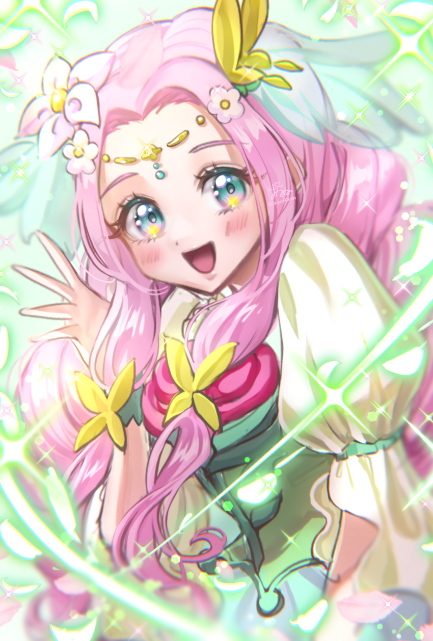 1girl :d absurdres cure_felice flower flower_in_eye green_background green_eyes hair_flower hair_ornament hanami_kotoha highres long_hair looking_at_viewer magical_girl mahou_girls_precure! multicolored_eyes onenechan open_mouth pink_hair precure smile solo symbol_in_eye upper_body