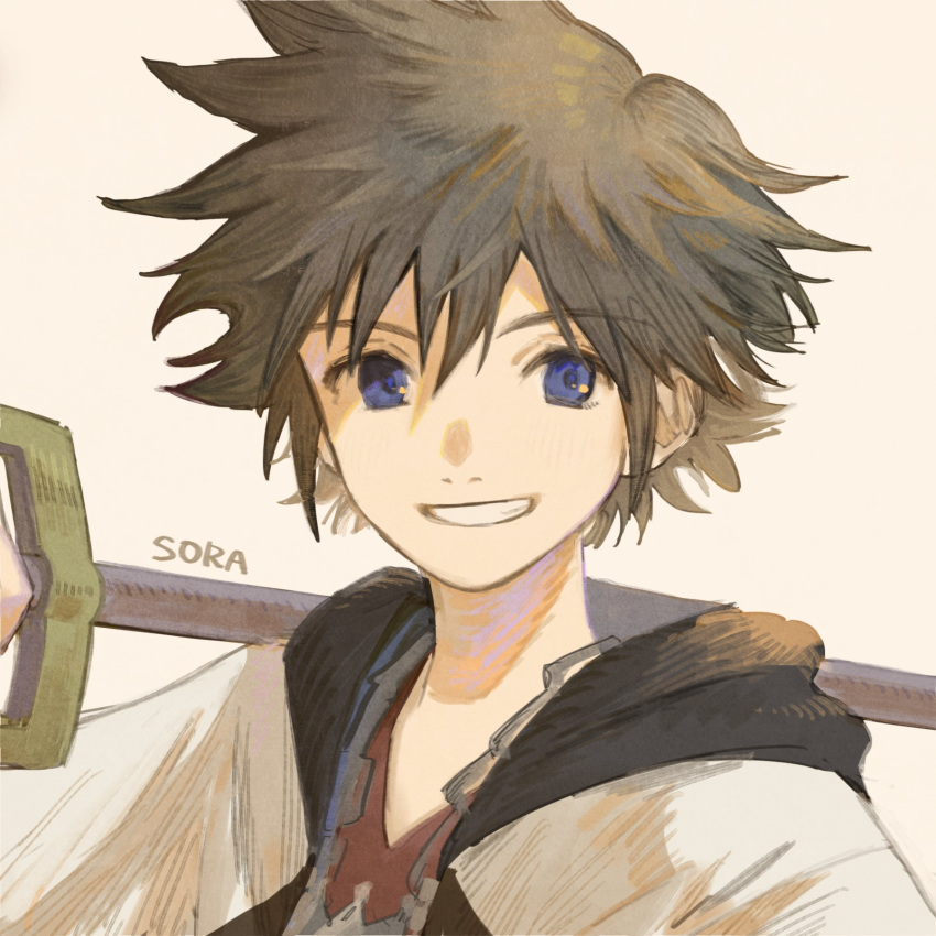 1boy bangs black_hair blue_eyes character_name eyebrows_visible_through_hair fujie-yz grin hair_between_eyes highres holding holding_weapon jacket keyblade kingdom_hearts male_focus over_shoulder portrait simple_background smile solo sora_(kingdom_hearts) spiky_hair weapon weapon_over_shoulder yellow_background