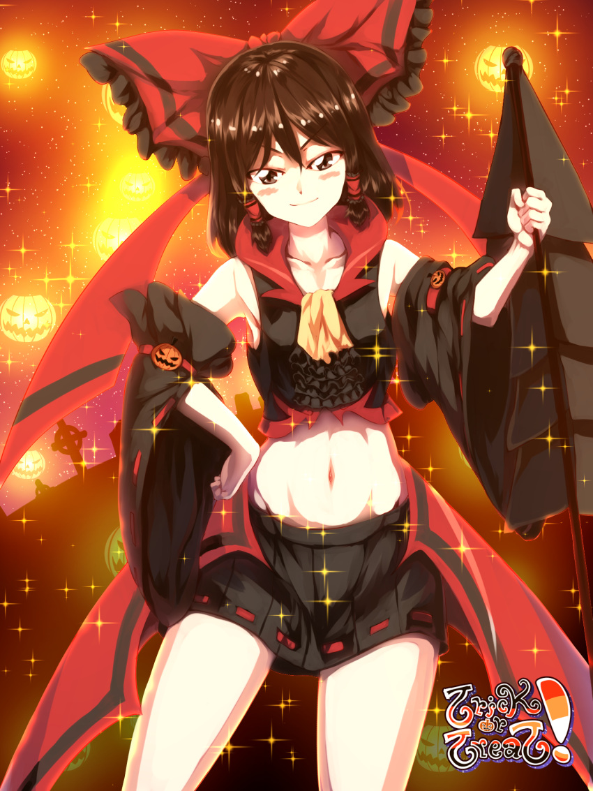 1girl adapted_costume alternate_color ascot bangs black_skirt blush bow brown_eyes brown_hair collarbone collared_blouse commentary_request detached_sleeves frilled_bow frills gohei hair_bow hair_tubes hakurei_reimu halloween hand_on_hip highres jack-o'-lantern long_sleeves looking_at_viewer midriff miniskirt navel nontraditional_miko red_bow ribbon-trimmed_skirt ribbon_trim skirt smile solo sparkle standing sunyup thighs touhou trick_or_treat upper_body wide_sleeves yellow_neckwear