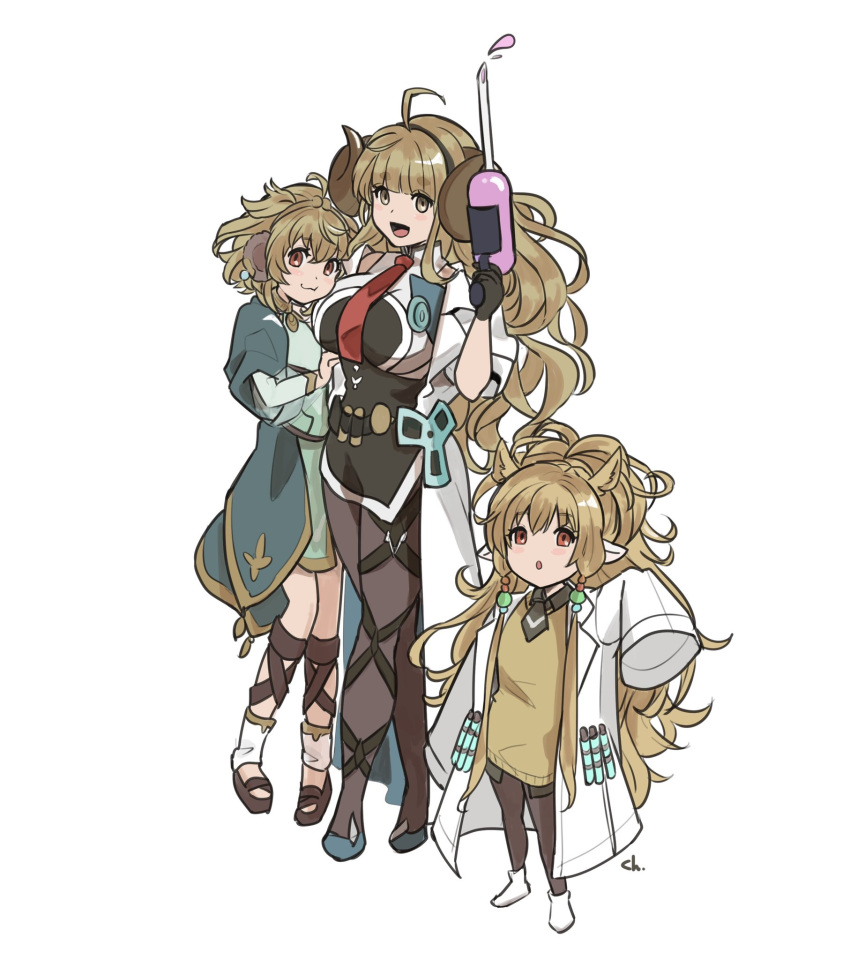 3girls :o agnes_tachyon_(umamusume) agnes_tachyon_(umamusume)_(cosplay) ahoge andira_(granblue_fantasy) anila_(granblue_fantasy) arm_hug bangs black_legwear blonde_hair breasts commentary_request cosplay cygames doctor_(granblue_fantasy) dress extra_ears flat_chest full_body glanbluefanta granblue_fantasy green_dress hairband highres horns kokkoro_(princess_connect!) kokkoro_(princess_connect!)_(cosplay) labcoat large_breasts long_hair looking_at_viewer mahira_(granblue_fantasy) multiple_girls necktie needle open_mouth pointy_ears princess_connect! red_neckwear short_hair sidelocks signature simple_background sleeves_past_wrists standing sweater umamusume vial white_background