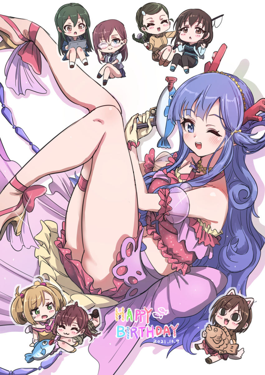 &lt;o&gt;_&lt;o&gt; 6+girls :3 :d ;) ;d ^_^ absurdres animal_ears asari_nanami bangs bare_shoulders black_legwear blue_eyes blue_hair blue_jacket blush braid brown_footwear brown_gloves brown_hair brown_shirt brown_skirt cat_ears character_request chibi closed_eyes closed_mouth collared_shirt commentary_request crossed_legs dated detached_sleeves dress_shirt eyebrows_visible_through_hair food frills glasses gloves green_eyes green_hair hair_between_eyes hair_ornament hairclip happy_birthday high_heels highres holding holding_food ichinose_shiki idolmaster idolmaster_cinderella_girls jacket knee_up ladle leg_up leggings long_hair maekawa_miku minigirl multiple_girls one_eye_closed open_clothes open_jacket open_mouth pizzasi pleated_skirt puffy_short_sleeves puffy_sleeves red_skirt see-through see-through_sleeves shirt short_sleeves single_braid skirt smile tablet_pc taiyaki twintails very_long_hair wagashi